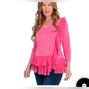 Kate & Mallory® Mixed Media 3/4 Sleeve Asymmetrical Ruffle Top Pink Sz Medium